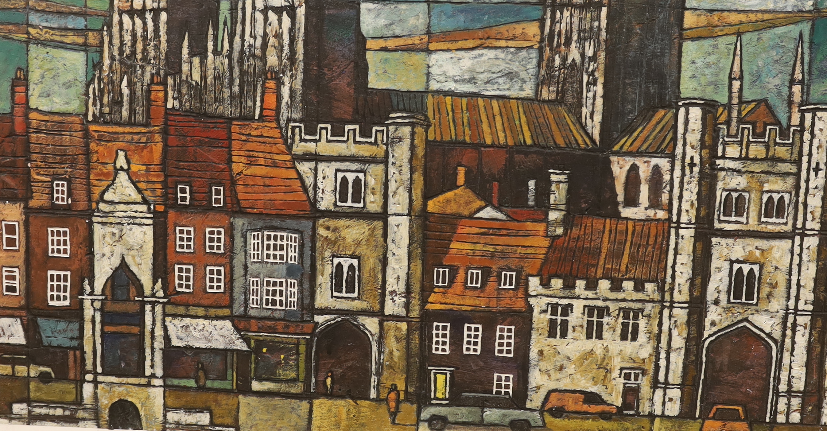 Ken Law, mixed media and oil on board, Cubist style street scene, 44 x 92cm, housed in a faux bamboo frame